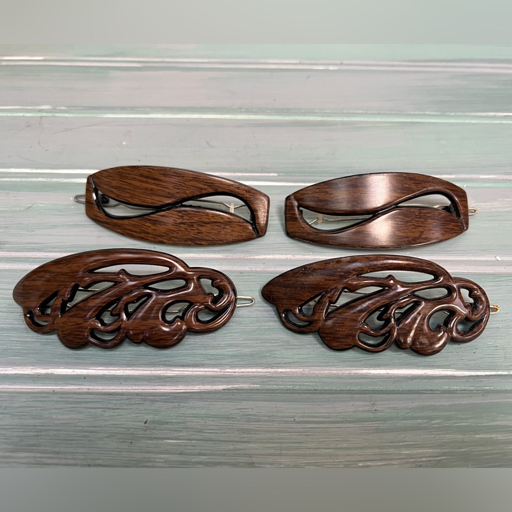 Vintage Set of 4 Brown Hair Barrettes/Clips 1960’s